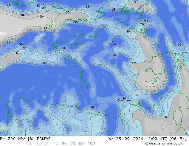 RH 300 гПа ECMWF ср 25.09.2024 12 UTC