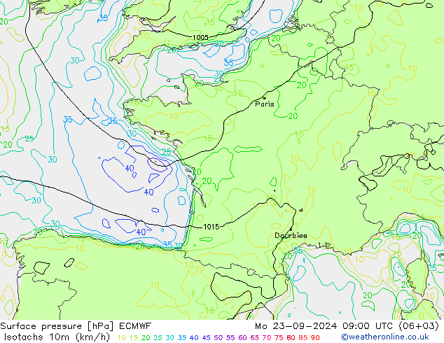 Isotachs (kph) ECMWF Mo 23.09.2024 09 UTC