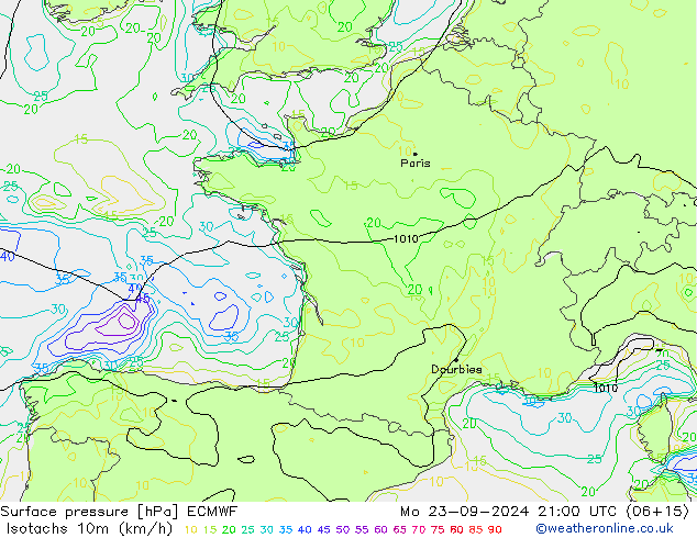 Isotachen (km/h) ECMWF ma 23.09.2024 21 UTC