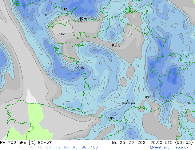 RH 700 hPa ECMWF pon. 23.09.2024 09 UTC