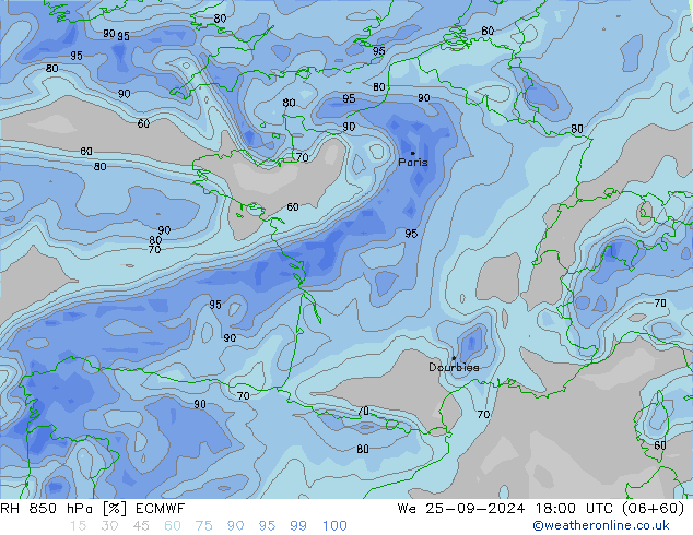 RH 850 hPa ECMWF mer 25.09.2024 18 UTC