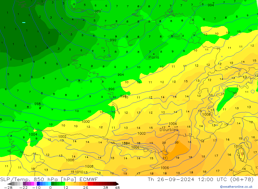 SLP/Temp. 850 hPa ECMWF  26.09.2024 12 UTC