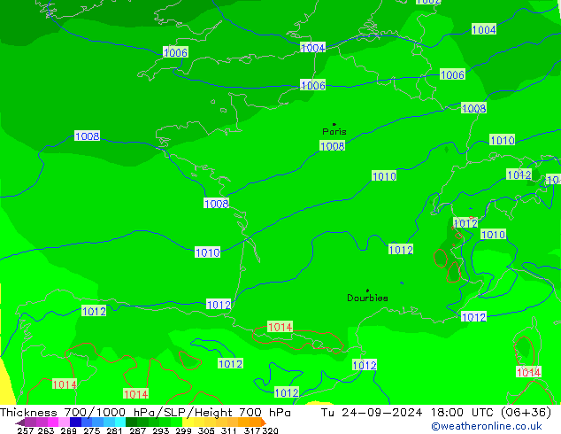 Espesor 700-1000 hPa ECMWF mar 24.09.2024 18 UTC