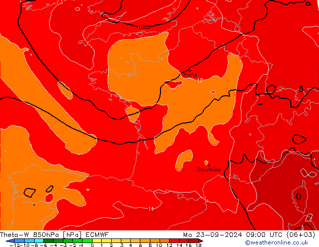 Theta-W 850hPa ECMWF Mo 23.09.2024 09 UTC