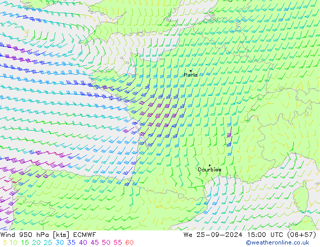 Vent 950 hPa ECMWF mer 25.09.2024 15 UTC