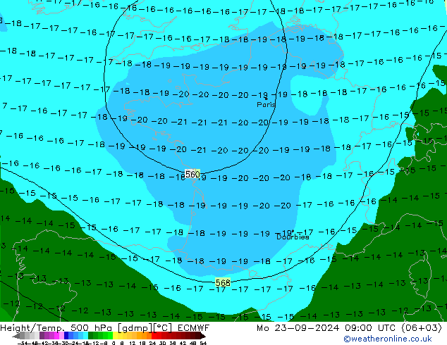 Height/Temp. 500 гПа ECMWF пн 23.09.2024 09 UTC