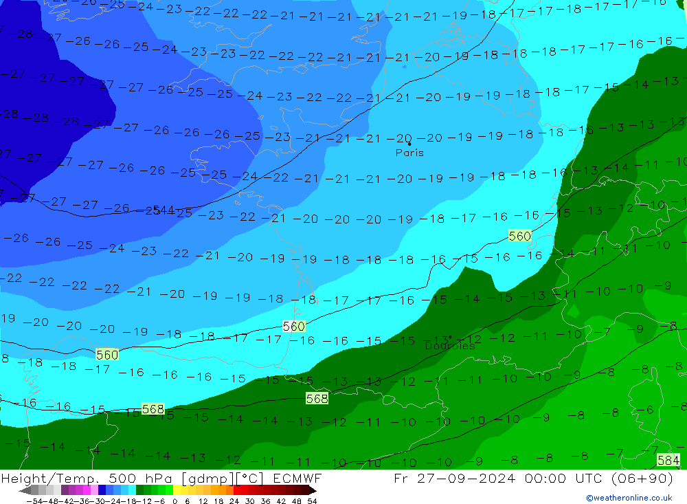 Height/Temp. 500 hPa ECMWF Pá 27.09.2024 00 UTC