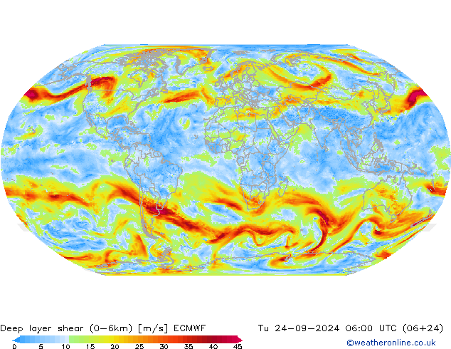 Deep layer shear (0-6km) ECMWF Tu 24.09.2024 06 UTC