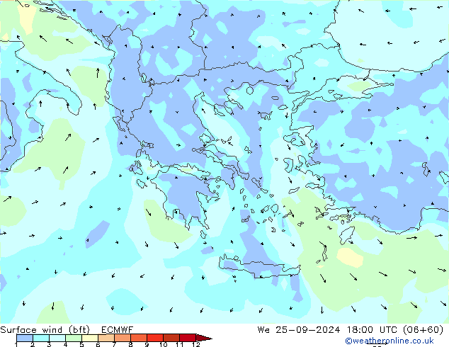 Vento 10 m (bft) ECMWF mer 25.09.2024 18 UTC