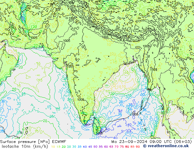 Isotachs (kph) ECMWF Mo 23.09.2024 09 UTC