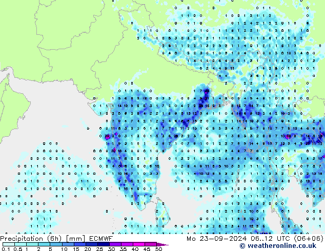 Precipitation (6h) ECMWF Mo 23.09.2024 12 UTC