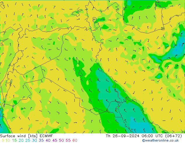 Surface wind ECMWF Čt 26.09.2024 06 UTC