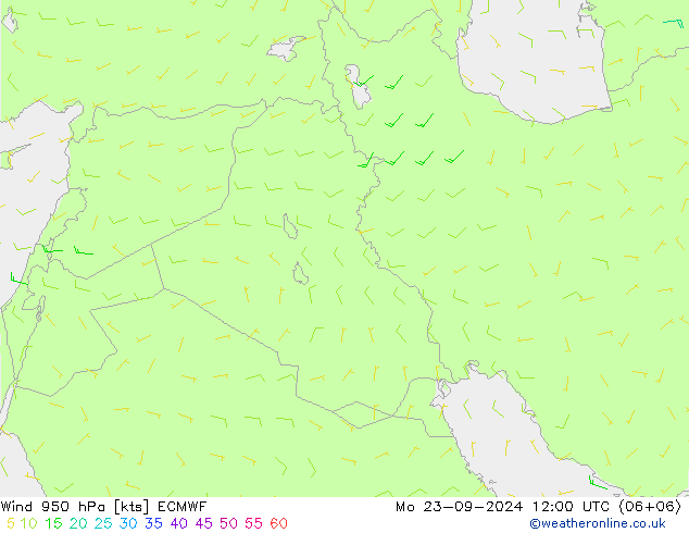 Neerslag 6h/Wind 10m/950 ECMWF ma 23.09.2024 12 UTC