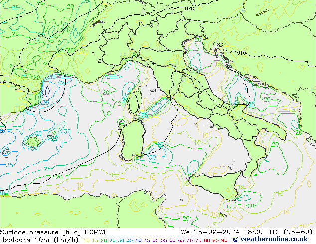 Isotachs (kph) ECMWF mer 25.09.2024 18 UTC