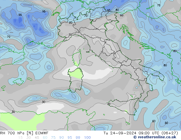 Humidité rel. 700 hPa ECMWF mar 24.09.2024 09 UTC