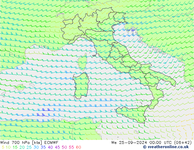 Vent 700 hPa ECMWF mer 25.09.2024 00 UTC