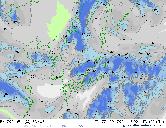 RH 300 гПа ECMWF ср 25.09.2024 12 UTC