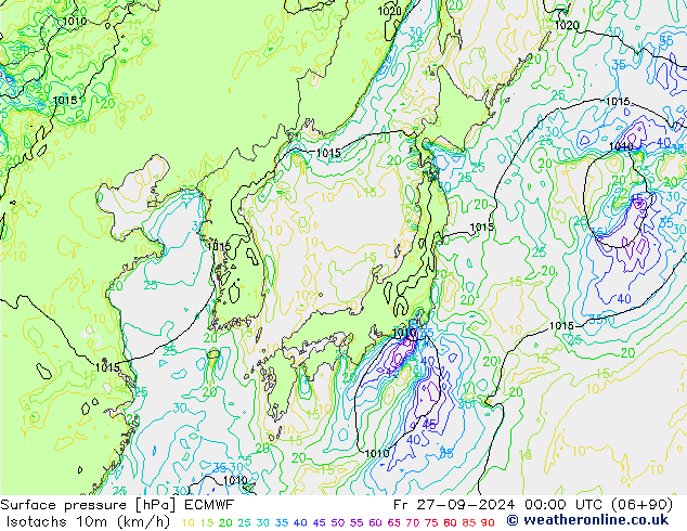 Izotacha (km/godz) ECMWF pt. 27.09.2024 00 UTC