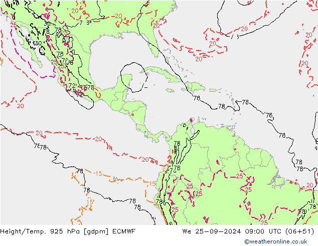 Height/Temp. 925 hPa ECMWF We 25.09.2024 09 UTC