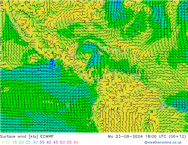 Viento 10 m ECMWF lun 23.09.2024 18 UTC