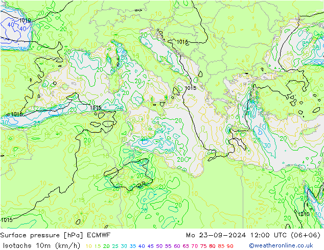 Isotachs (kph) ECMWF lun 23.09.2024 12 UTC