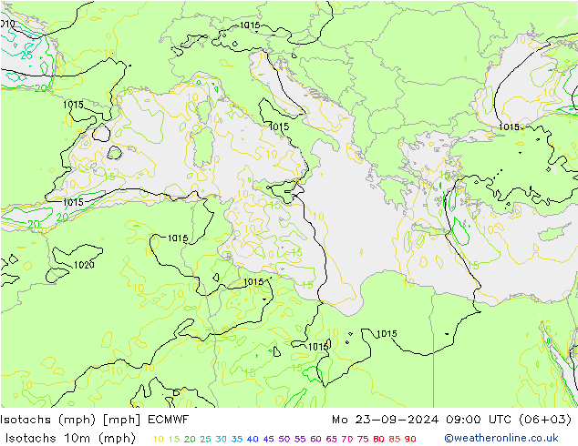 Isotachs (mph) ECMWF lun 23.09.2024 09 UTC