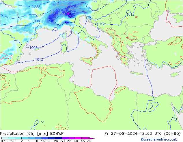 Precipitation (6h) ECMWF Fr 27.09.2024 00 UTC