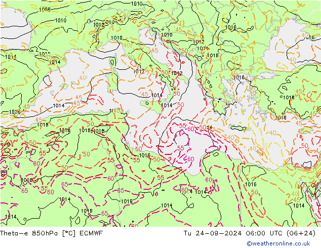 Theta-e 850hPa ECMWF wto. 24.09.2024 06 UTC