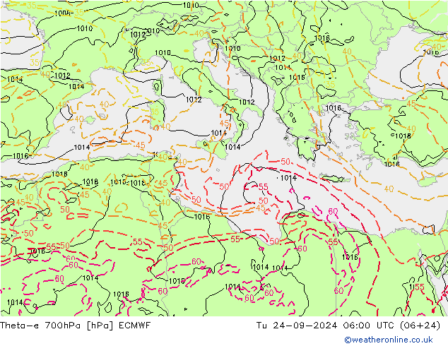 Theta-e 700гПа ECMWF вт 24.09.2024 06 UTC