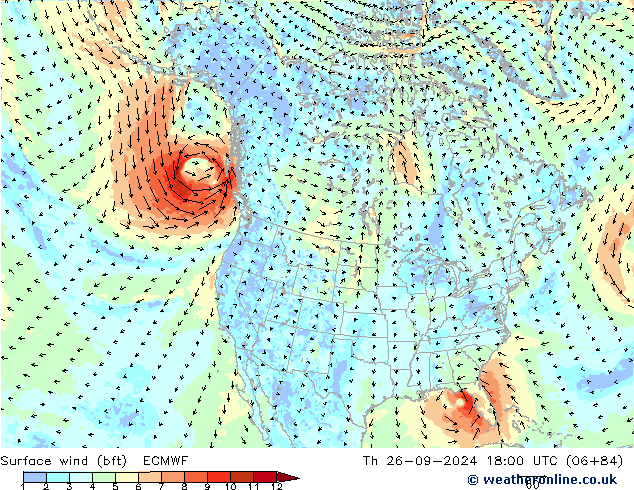 wiatr 10 m (bft) ECMWF czw. 26.09.2024 18 UTC