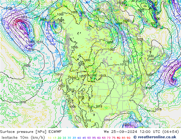 Isotachen (km/h) ECMWF wo 25.09.2024 12 UTC