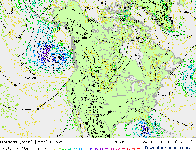 Isotachs (mph) ECMWF Qui 26.09.2024 12 UTC