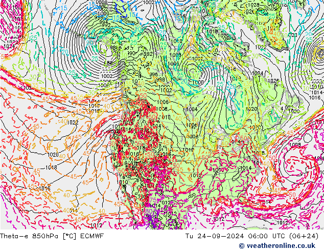 Theta-e 850hPa ECMWF Di 24.09.2024 06 UTC