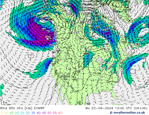 Wind 950 hPa ECMWF Po 23.09.2024 12 UTC