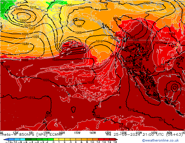 Theta-W 850hPa ECMWF śro. 25.09.2024 21 UTC