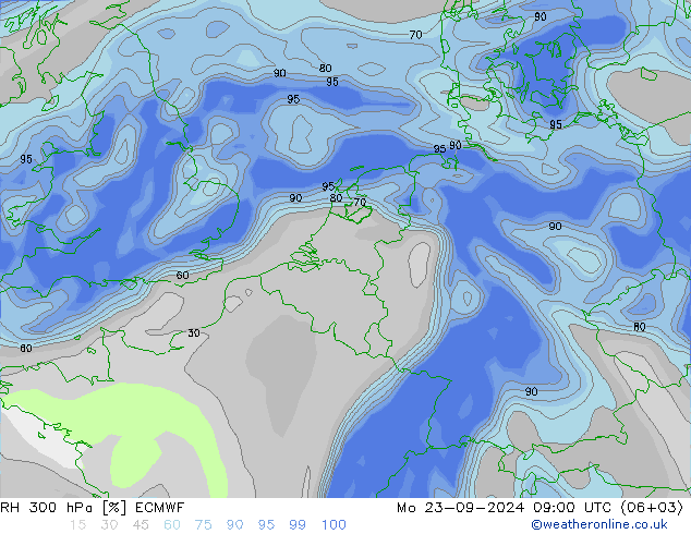 RH 300 hPa ECMWF Mo 23.09.2024 09 UTC