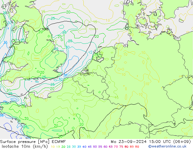 Isotachen (km/h) ECMWF ma 23.09.2024 15 UTC