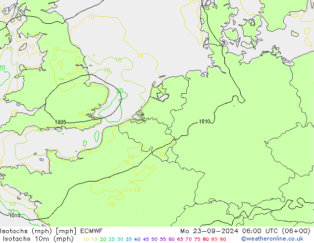 Isotachs (mph) ECMWF Mo 23.09.2024 06 UTC