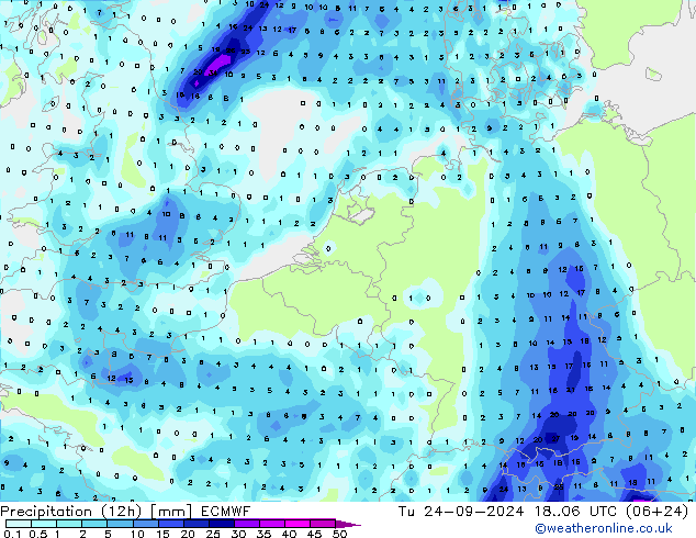 降水量 (12h) ECMWF 星期二 24.09.2024 06 UTC