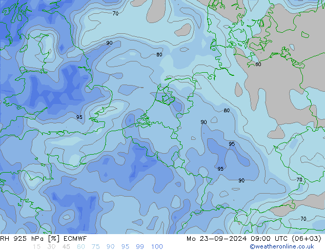 RH 925 hPa ECMWF Mo 23.09.2024 09 UTC