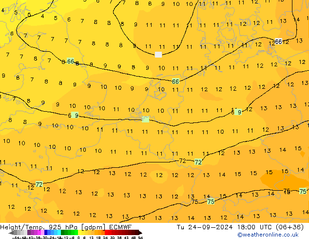 Height/Temp. 925 hPa ECMWF Di 24.09.2024 18 UTC