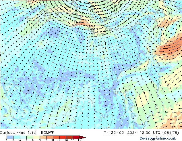 Wind 10 m (bft) ECMWF do 26.09.2024 12 UTC