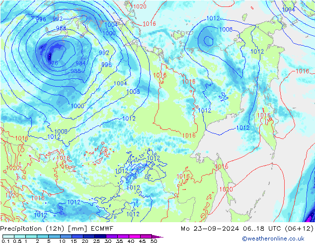 осадки (12h) ECMWF пн 23.09.2024 18 UTC