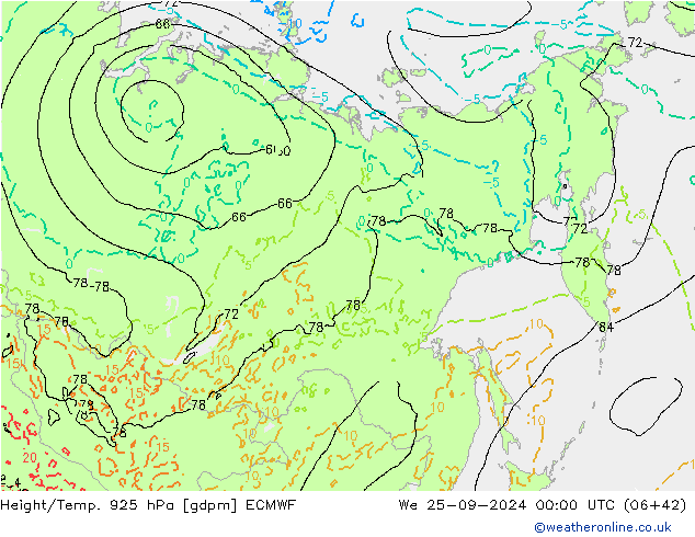 Height/Temp. 925 hPa ECMWF We 25.09.2024 00 UTC