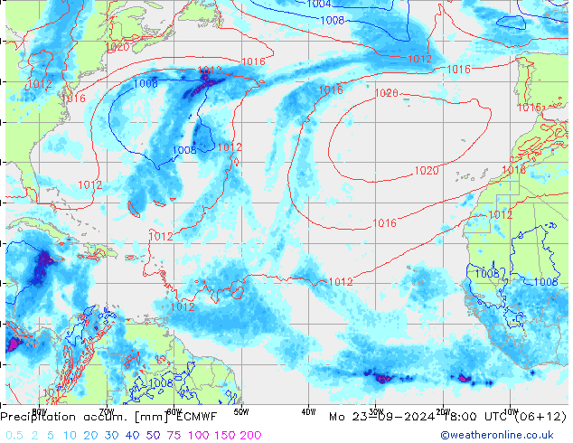 Precipitation accum. ECMWF Mo 23.09.2024 18 UTC