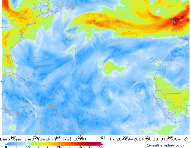 Deep layer shear (0-6km) ECMWF Čt 26.09.2024 06 UTC