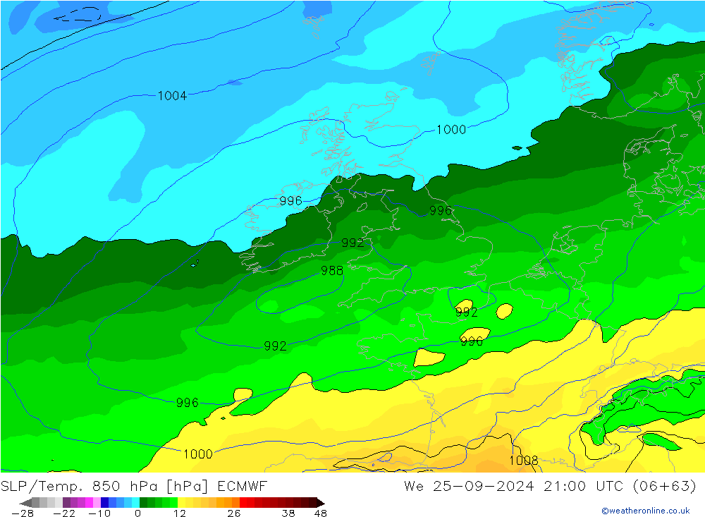 SLP/Temp. 850 hPa ECMWF wo 25.09.2024 21 UTC