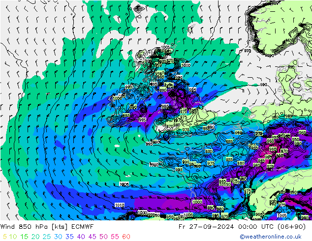 Wind 850 hPa ECMWF Pá 27.09.2024 00 UTC