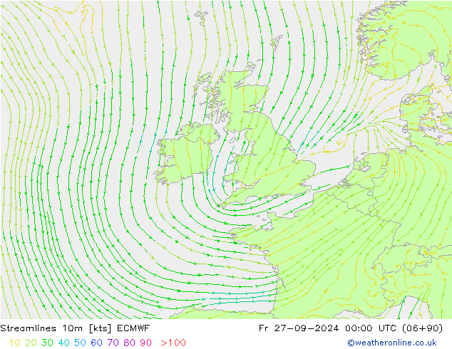 Streamlines 10m ECMWF Pá 27.09.2024 00 UTC