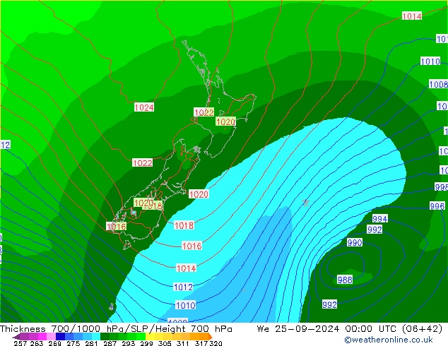 Thck 700-1000 hPa ECMWF mer 25.09.2024 00 UTC